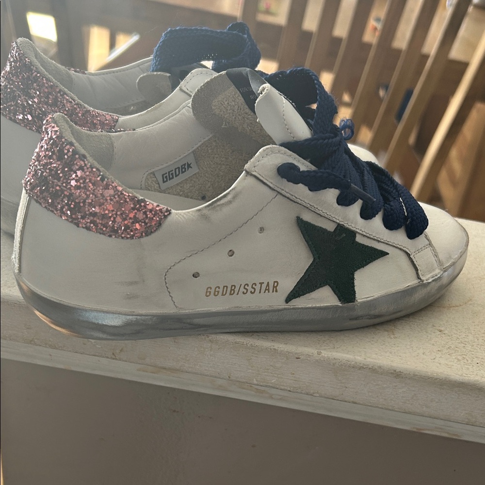 Golden Goose White Sneakers with Pink Glitter and Green Star